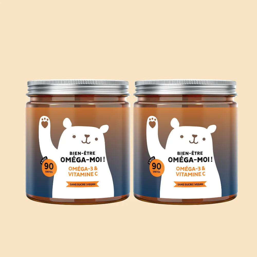 Image du pack de 2 pots de Bien-être Oméga-moi ! de Bears with Benefits avec 180 gummies, formule vegan sans sucre avec DHA issu d’huile de microalgue et vitamine C pour une routine continue.