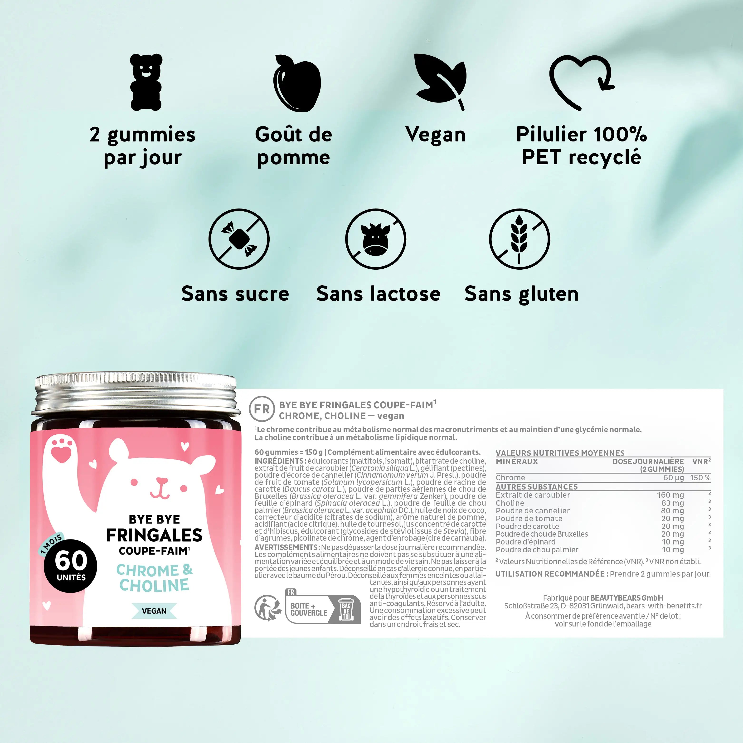 Dose recommandée, goût et avantages du produit Bye Bye Fringales pour contrôler l'appétit. l Bears with Benefits