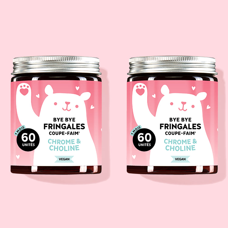 Deux boîtes du produit Bye Bye Fringales avec du chrome et de la choline pour contrôler la faim. De Bears with Benefits.