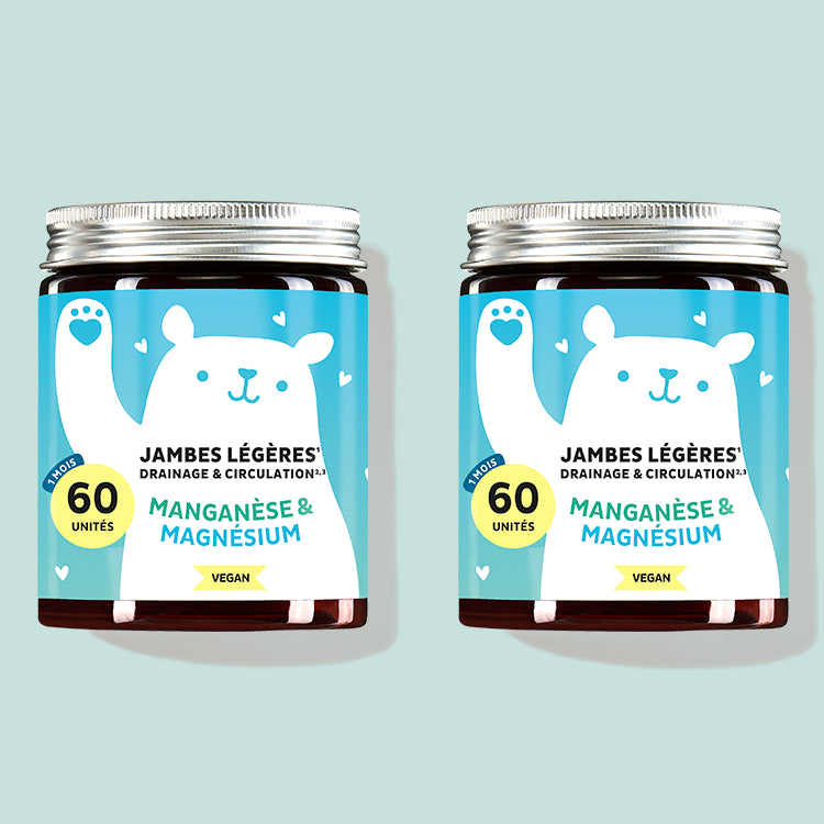 Deux boîtes du produit Jambes Légères Drainage & Circulation avec du magnésium et manganèse pour aider à réduire la rétention d’eau, soulager la sensation de jambes lourdes et soutenir la santé du tissu conjonctif. De Bears with Benefits.