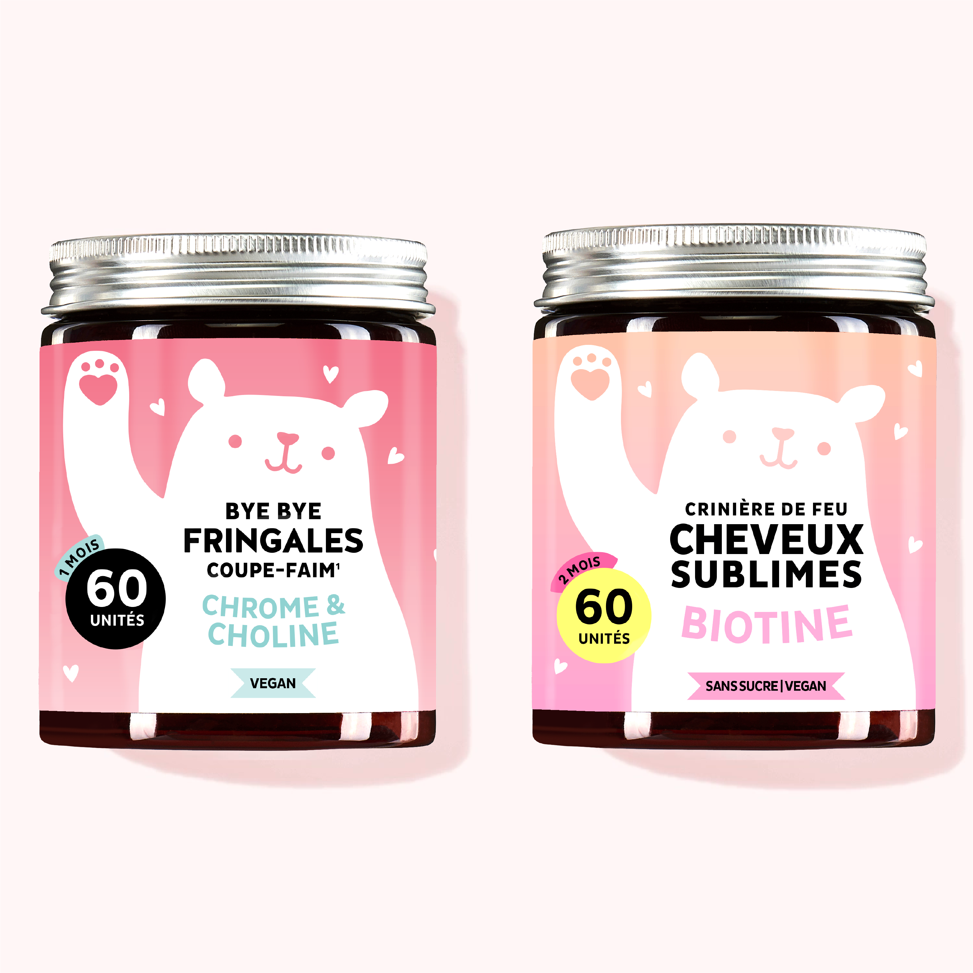 Photo d’un lot de compléments alimentaires vegan en gummies — Duo coupe-faim & beauté des cheveux, pour une beauté naturelle et un équilibre de l’appétit. l Bears with Benefits