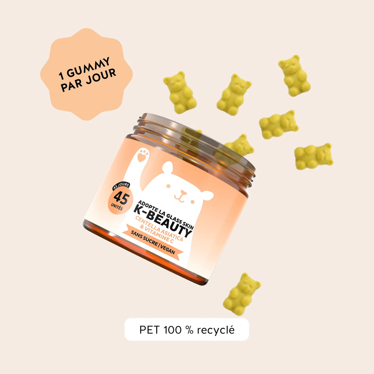 Bears with Benefits Adopte la glass skin K-Beauty – Conseil d'utilisation : 1 gummy par jour, 45 gummies saveur mangue.