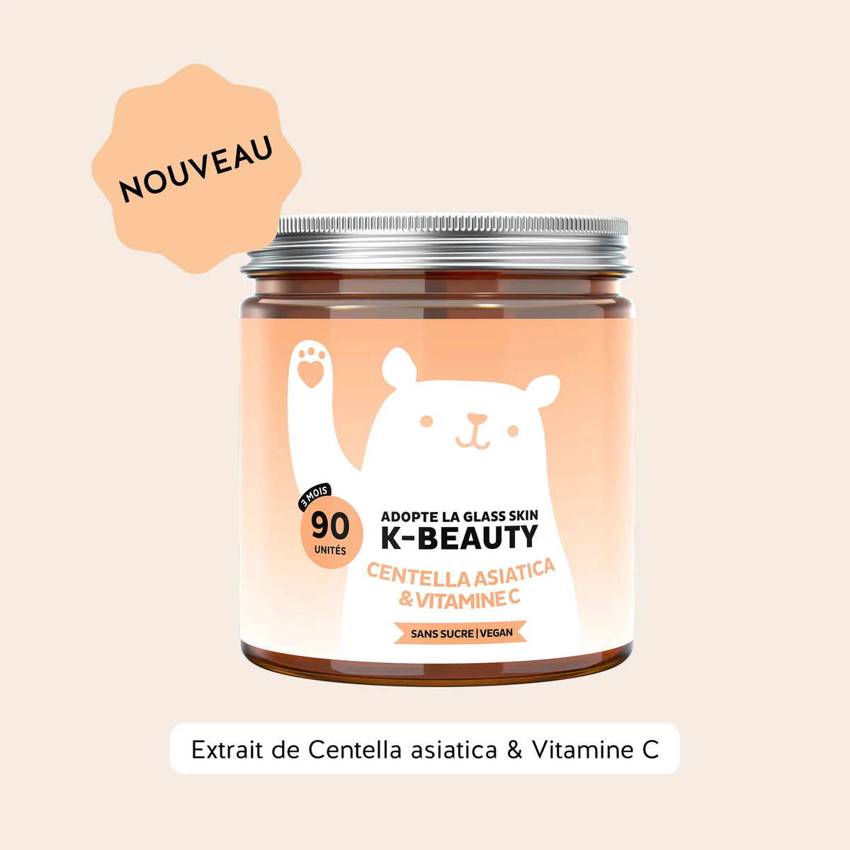 Bears with Benefits Adopte la glass skin K-Beauty – Gummies avec vitamine C, zinc, centella asiatica, extrait de riz et glutathion pour une peau normale, 90 gummies saveur mangue.