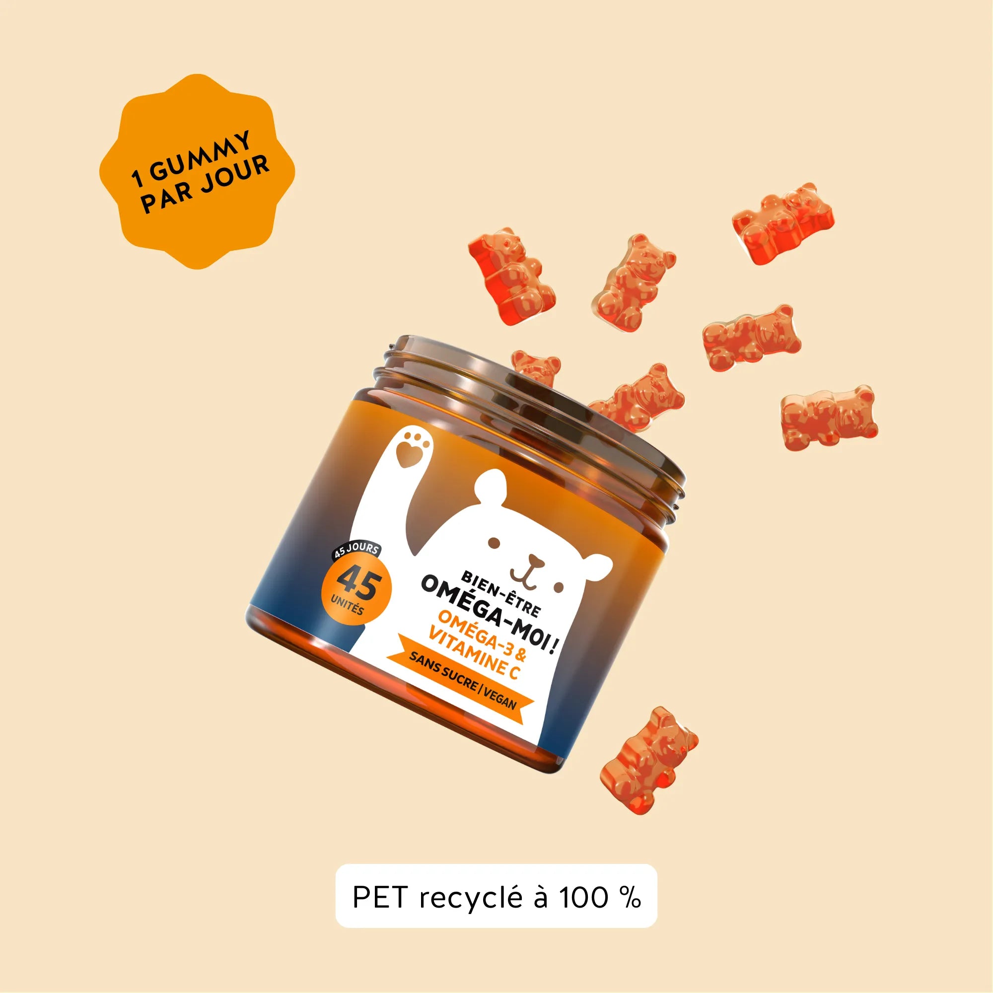 Conseil d’utilisation de Bien-être Oméga-moi ! de Bears with Benefits : 1 gummy par jour. Format pot de 45 gummies.