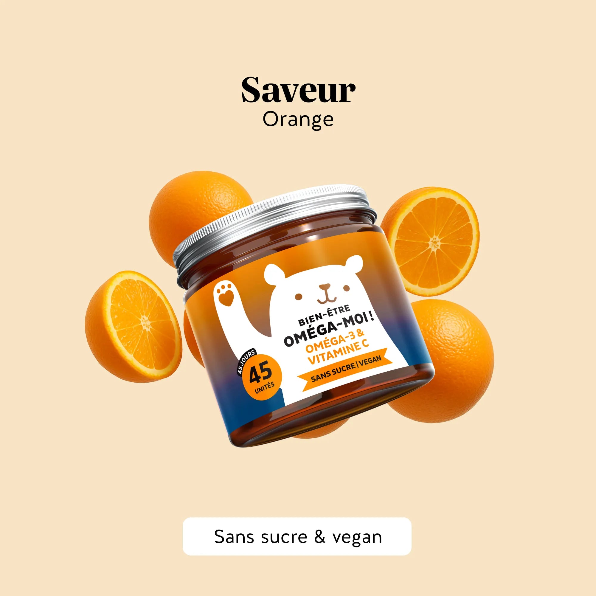 Goût naturel d’orange des gummies Bien-être Oméga-moi ! de Bears with Benefits, formule vegan sans sucre. Boîte de 45 gummies. l Bears with Benefits