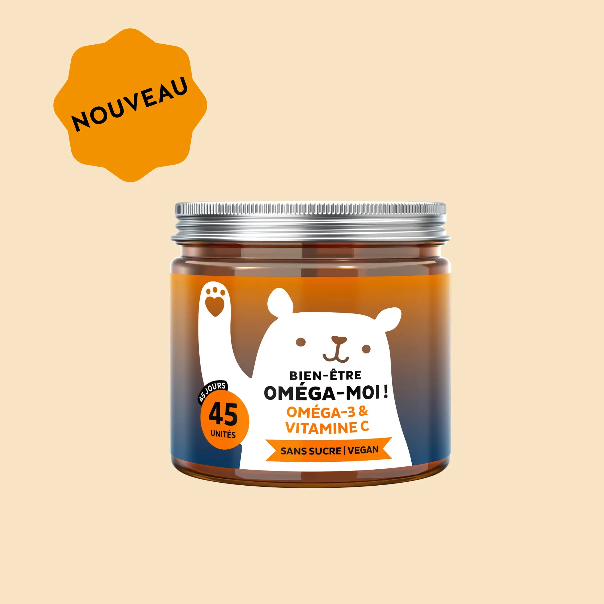 Image du boîte de 45 gummies Bien-être Oméga-moi ! de Bears with Benefits, formule vegan sans sucre au goût naturel d’orange avec DHA issu d’huile de microalgue Schizochytrium sp. et vitamine C. l Bears with Benefits