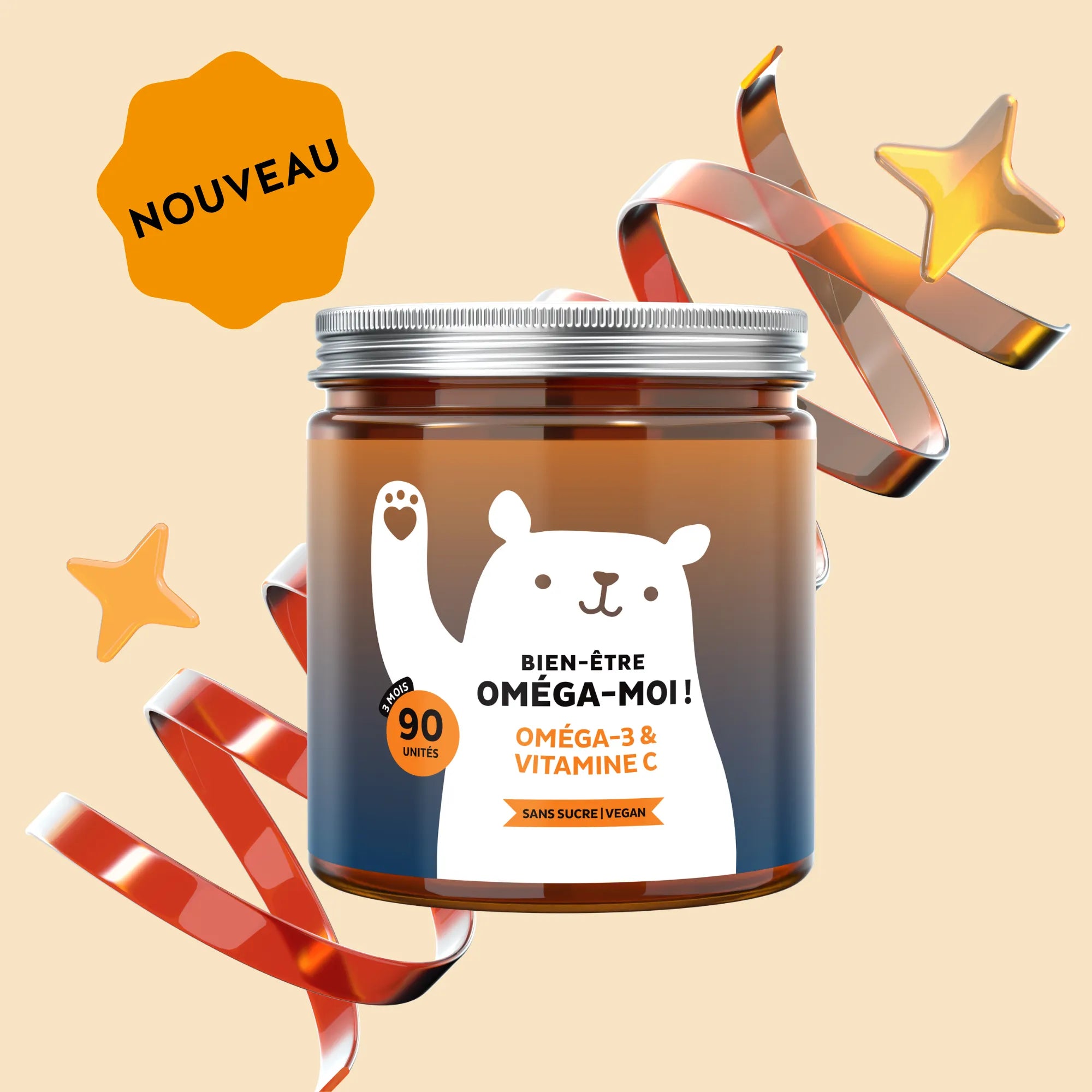 Image du pot de 90 gummies Bien-être Oméga-moi ! de Bears with Benefits, formule vegan sans sucre au goût naturel d’orange avec DHA issu d’huile de microalgue Schizochytrium sp. et vitamine C.