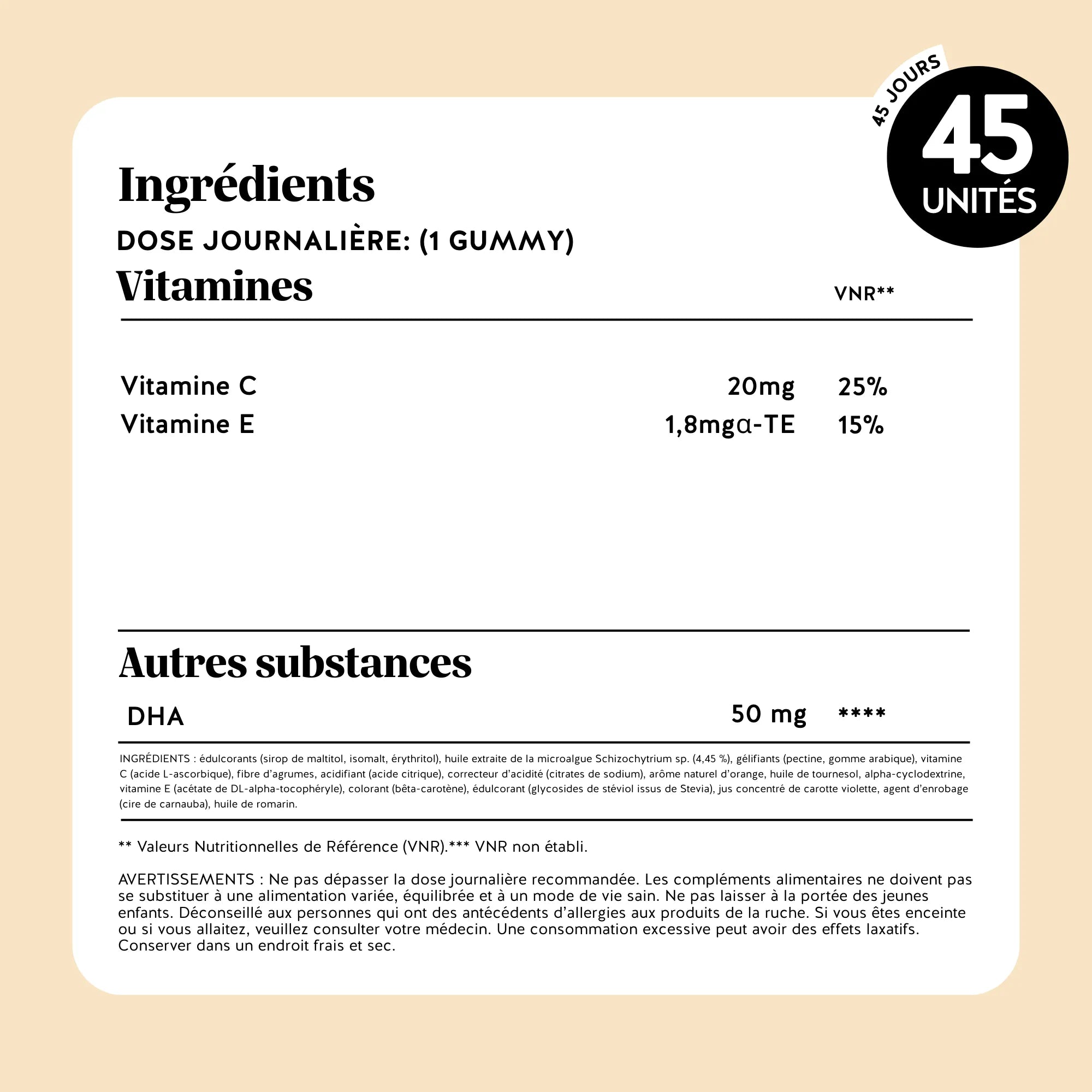Tableau des valeurs nutritionnelles et substances actives de Bien-être Oméga-moi ! par dose journalière (1 gummy) : vitamine C 20 mg (25 % VNR), vitamine E 1,8 mg (15 % VNR), DHA 50 mg. l Bears with Benefits