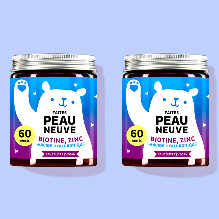 Les vitamines Faites Peau Neuve de Bears with Benefits, contenant de la biotine, du zinc et de l'acide hyaluronique, en cure d'un mois.