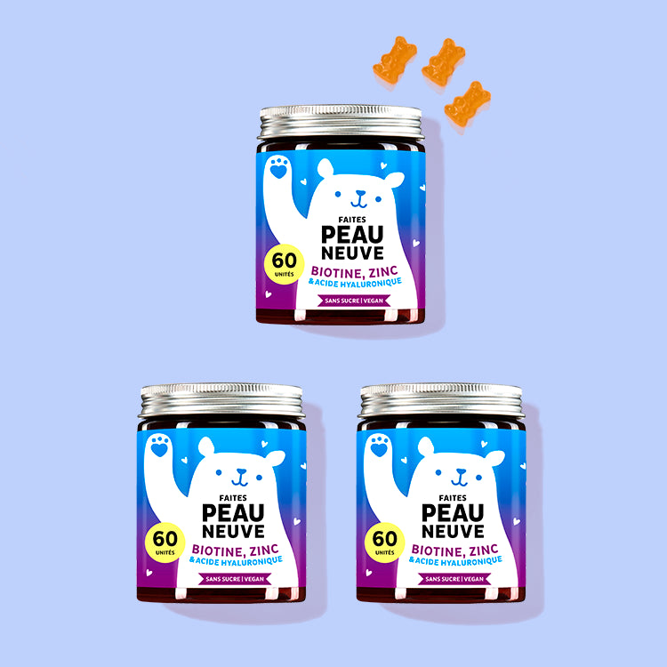 Les vitamines Faites Peau Neuve de Bears with Benefits, contenant de la biotine, du zinc et de l'acide hyaluronique, en cure de 1,5 mois.