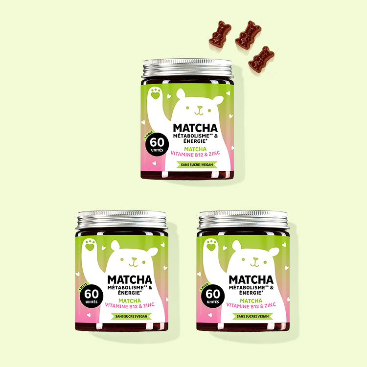 Les vitamines Matcha Métabolisme & Énergie de Bears with Benefits, contenant de la poudre de matcha et du zinc pour stimuler le métabolisme, en cure de 3 mois.