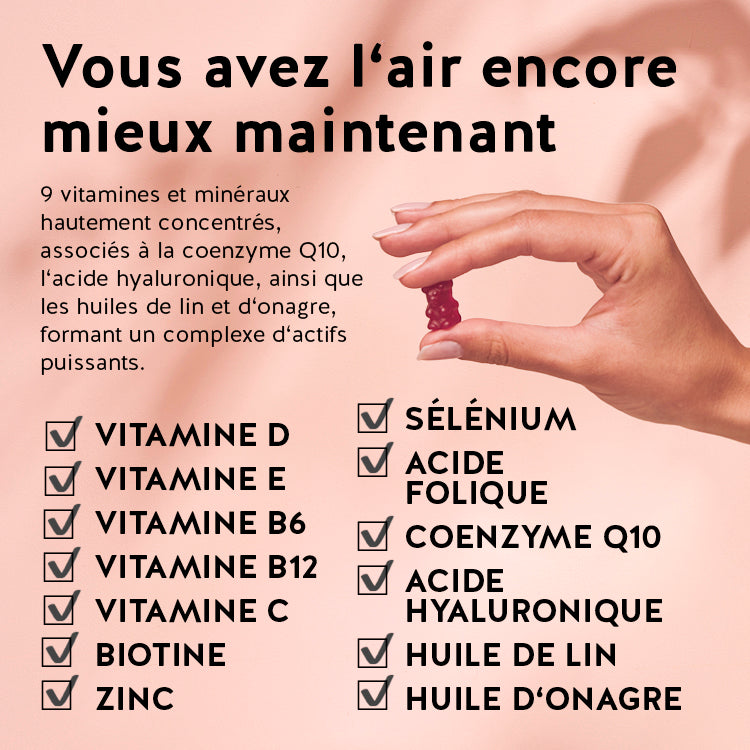 Ces ingrédients et nutriments se trouvent dans les vitamines Femm'tastique Menopause de Bears with Benefits : vitamine B6, vitamine B12, coenzyme Q10, acide hyaluronique, huile de lin, huile d'orange, vitamine c, vitamine d, zinc, biotine, vitamine e, acide folique, sélénium.