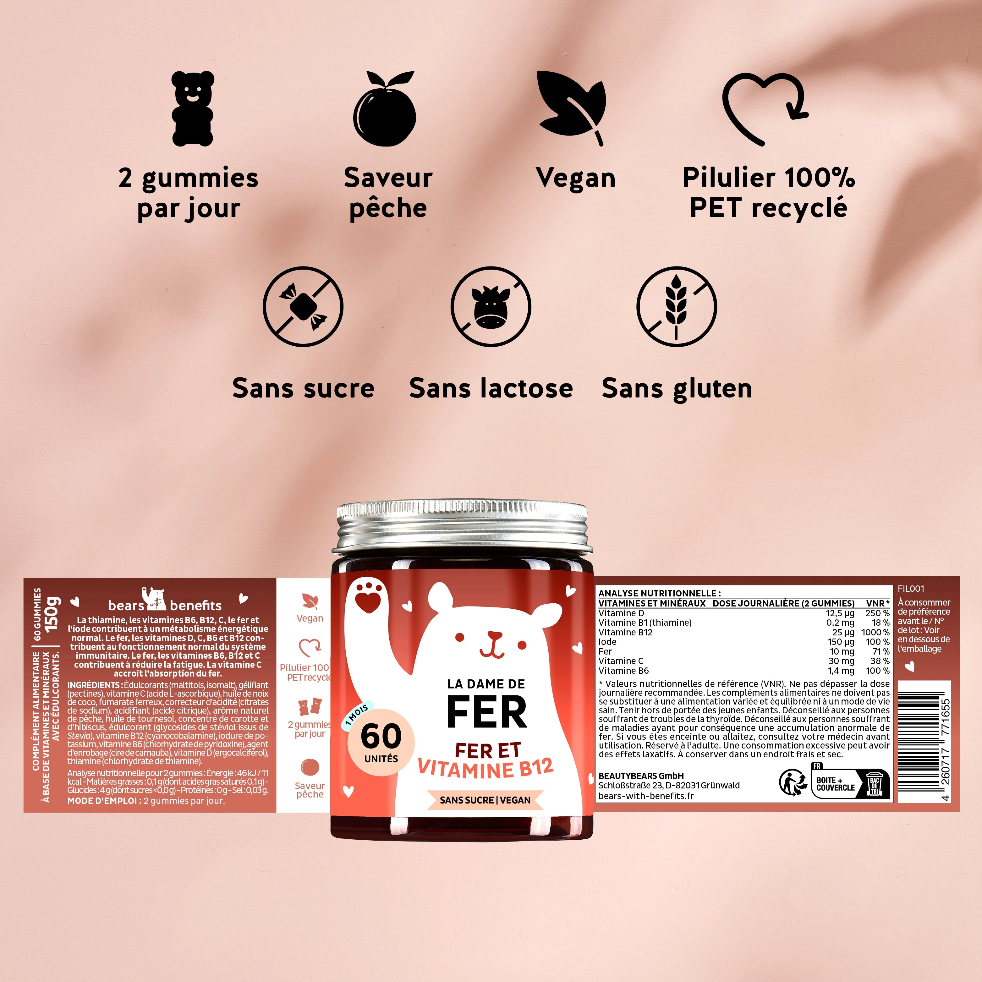 Le dosage recommandé, avantages et la liste des ingrédients du produit La Dame de Fer sans sucre et vegan de Bears with Benefits.