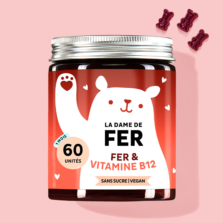 Cette photo représente une boîte du produit La Dame de Fer Sans sucre et vegan avec vitamine B12 et fer de Bears with Benefits.