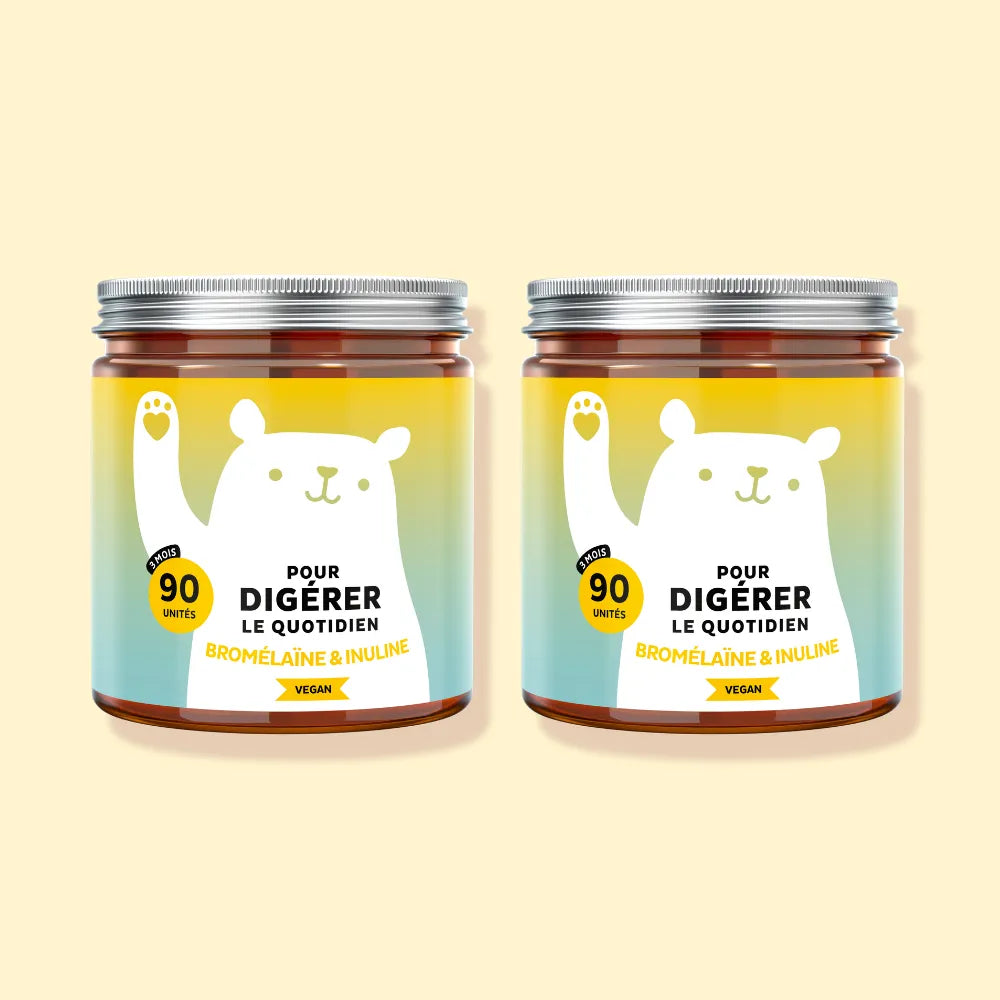 Bears with Benefits Pour Digérer le Quotidien – lot de 2 gummies vegan à la bromélaïne et à l'inuline pour la digestion, 180 oursons (2 x 90) arôme orange.