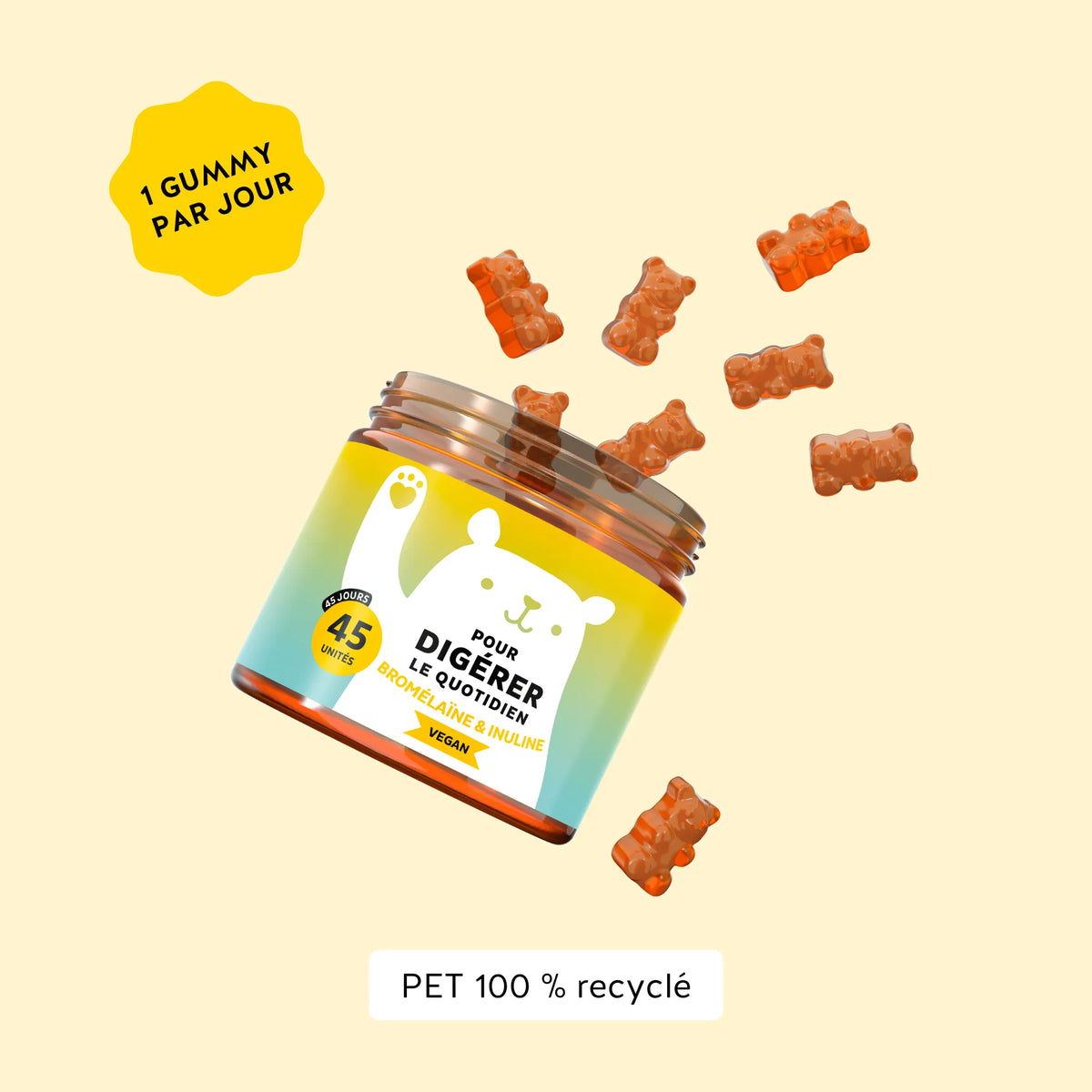 Bears with Benefits Pour Digérer le Quotidien – 1 gummy par jour à croquer pour votre routine digestion, 45 oursons arôme orange.