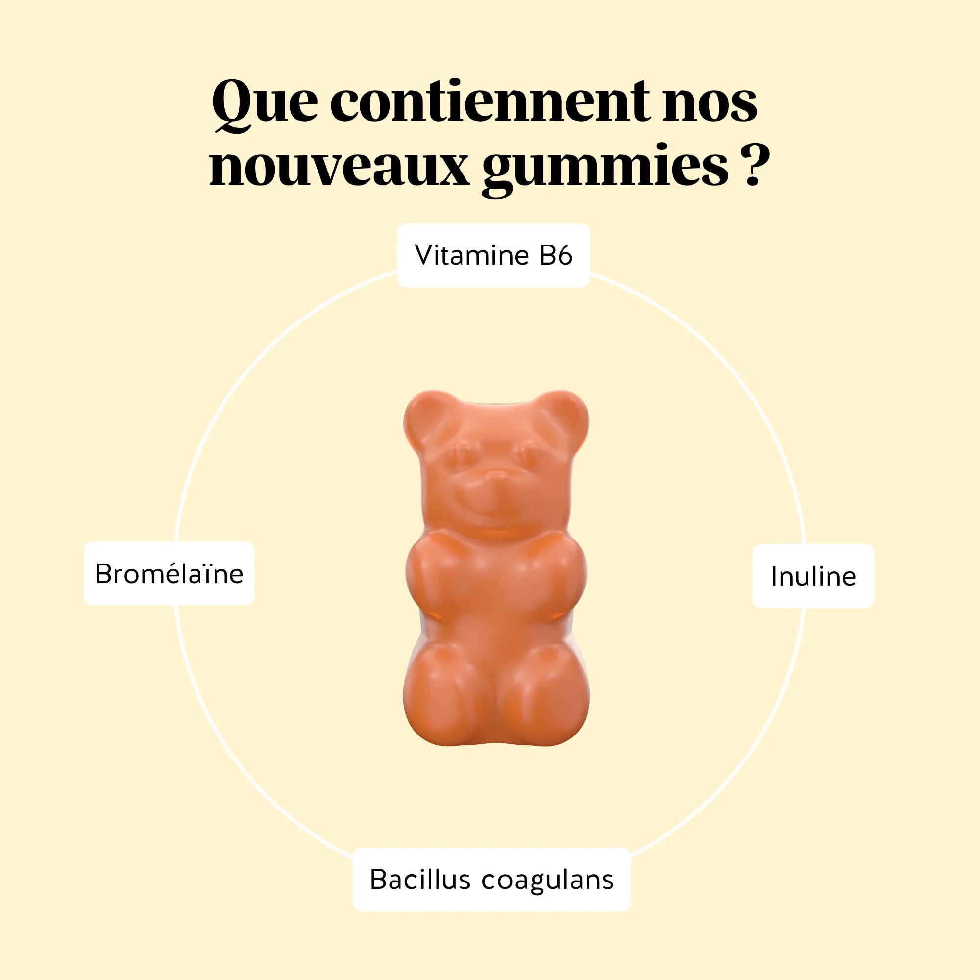 Bears with Benefits Pour Digérer le Quotidien – avec du Bacillus coagulans, de l'inuline, de la bromélaïne et de la vitamine B6.