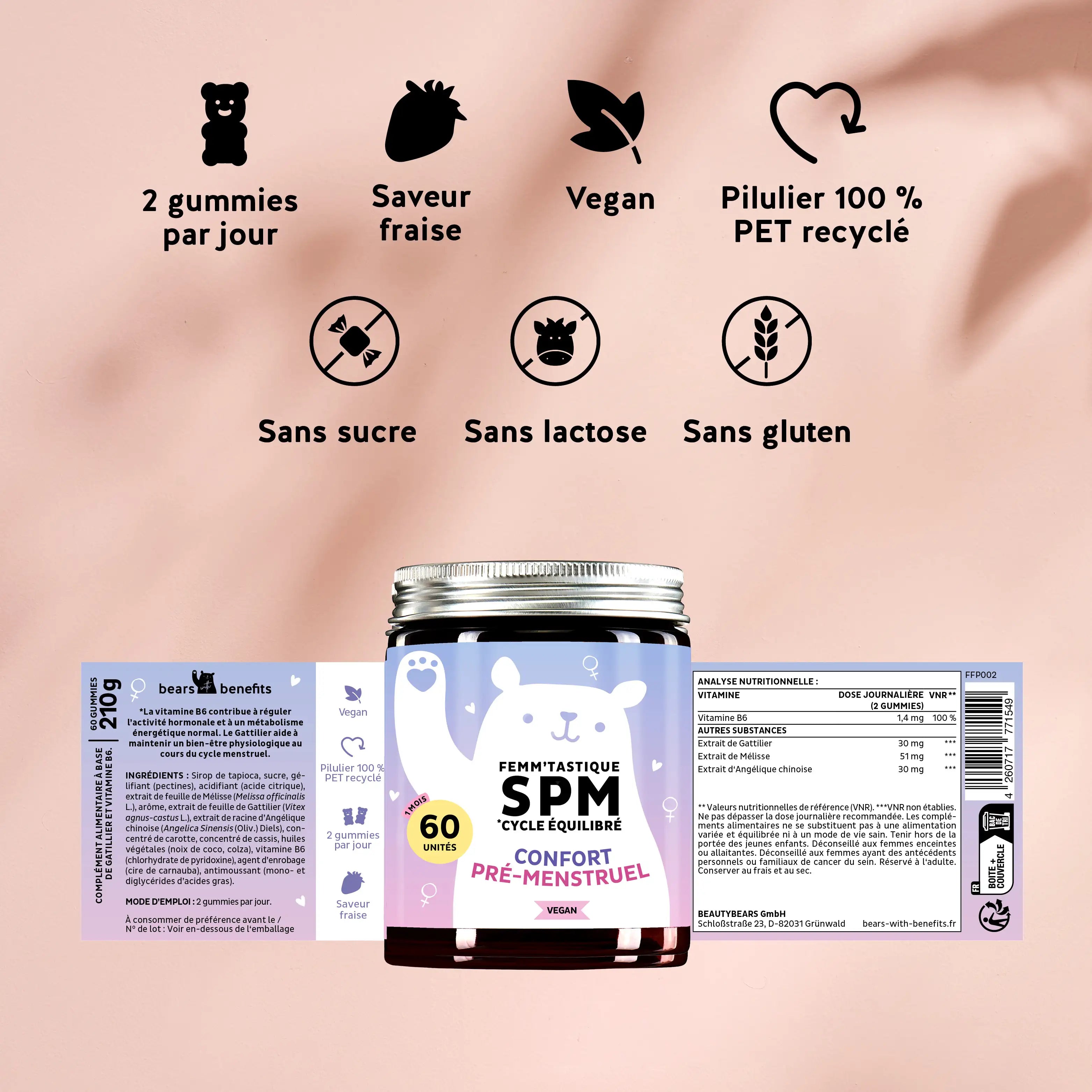 Ces ingrédients et nutriments se trouvent dans les vitamines Femm 'tastique SPM pour un cycle équilibré de Bears with Benefits.