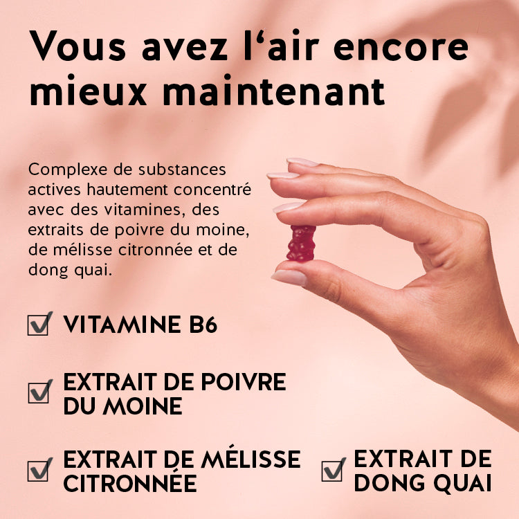 Ces ingrédients et nutriments se trouvent dans les vitamines Femm 'tastique SPM pour un cycle équilibré de Bears with Benefits : extrait de gattilier (agneau chaste), dong quai, extrait de mélisse et vitamine B6