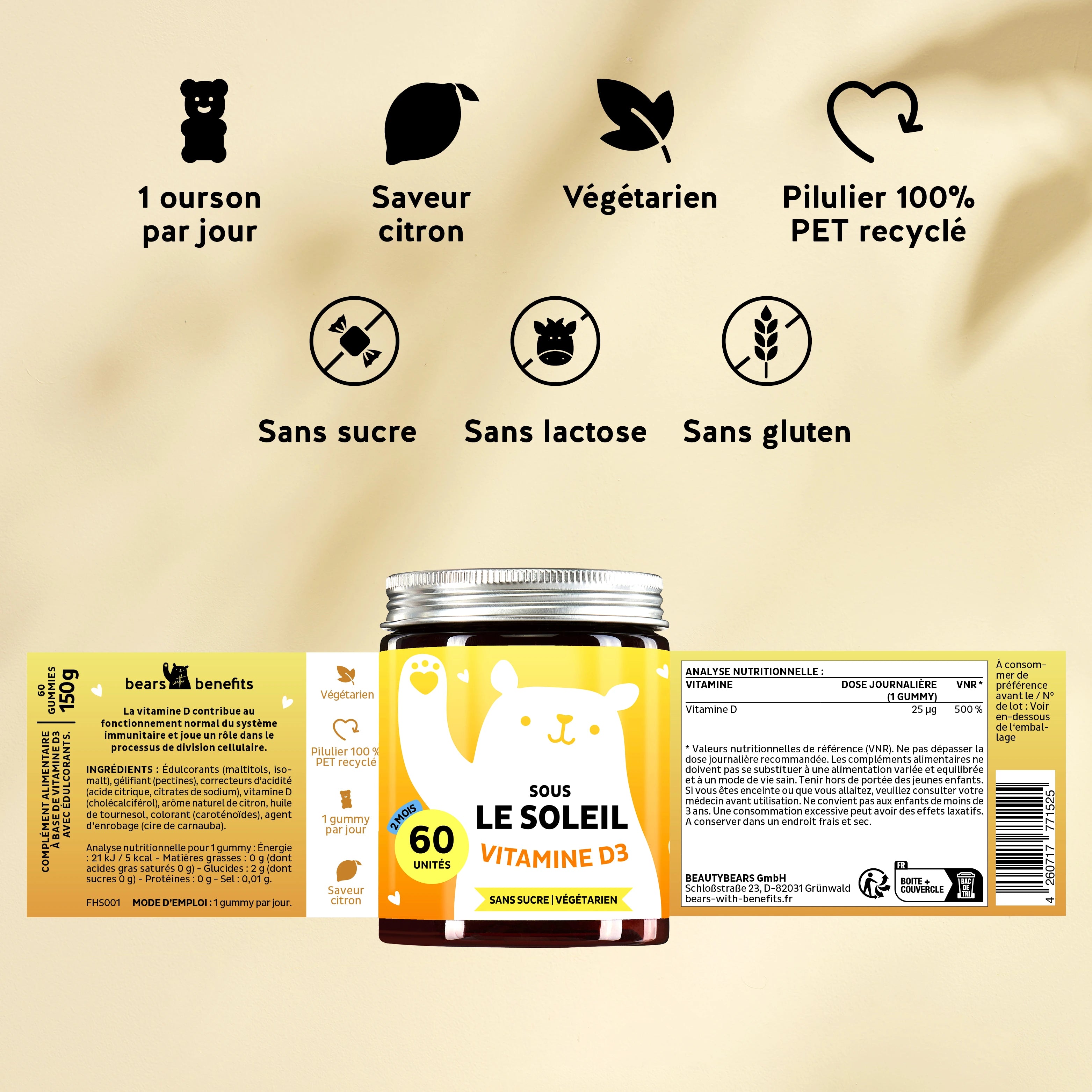 Ces ingrédients et nutriments se trouvent dans les vitamines Sous le soleil de Bears with Benefits.