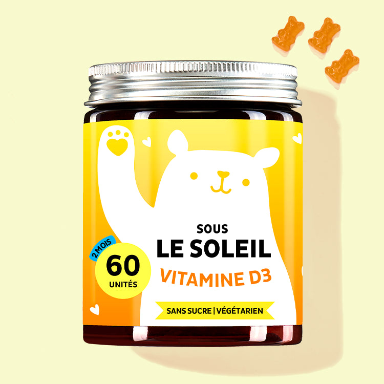 Une boîte de vitamines Sous les soleil avec vitamine D pour les système immunitaire, les os et les muscles