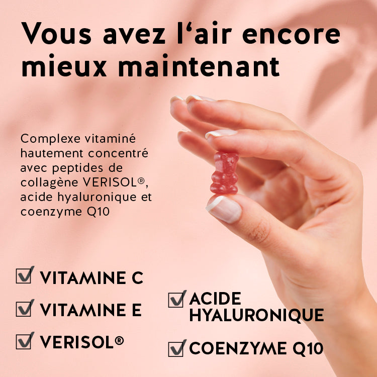 Ces ingrédients et nutriments se trouvent dans les vitamines Anti-âge Elasticité & Fermeté de Bears with Benefits : Acide hyaluronique, collagène, Q10, vitamine C et E