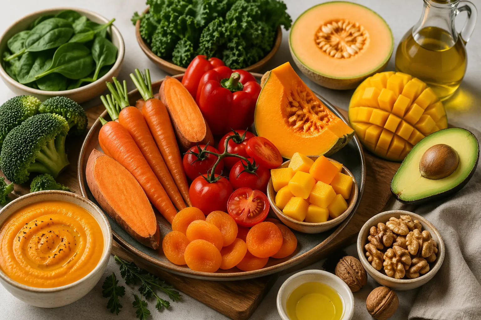 Bears with Benefits aliments riches en bêta-carotène, fruits et légumes colorés avec carottes, patate douce, potiron, poivron rouge, tomate, mangue, melon, abricot, épinards, chou frisé, brocoli, huile d’olive, avocat et noix pour favoriser l’absorption