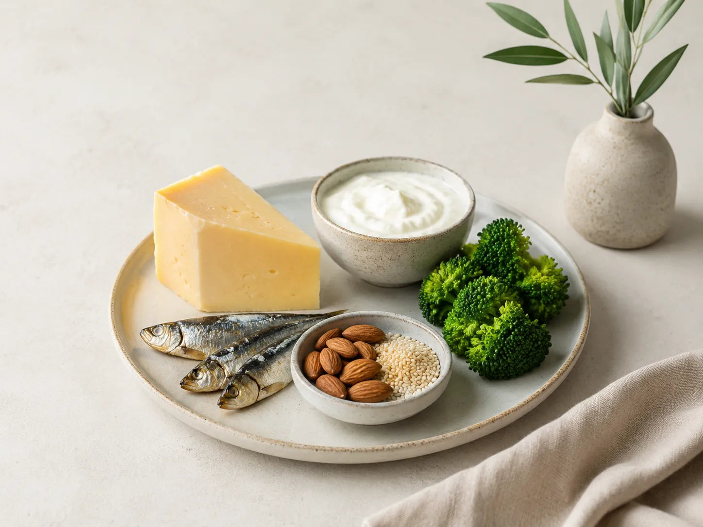 Bears with Benefits calcium aliments riches en calcium avec fromage, yaourt, brocoli, amandes, sésame et sardines pour illustrer les principales sources alimentaires de calcium