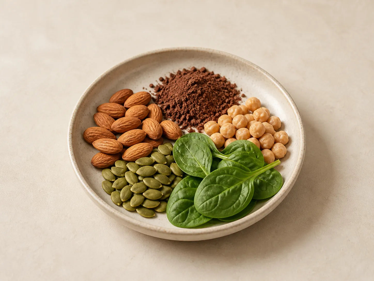 Bears with Benefits magnésium aliments riches en magnésium avec amandes, graines de courge, cacao, pois chiches et épinards pour illustrer les principales sources alimentaires de magnésium