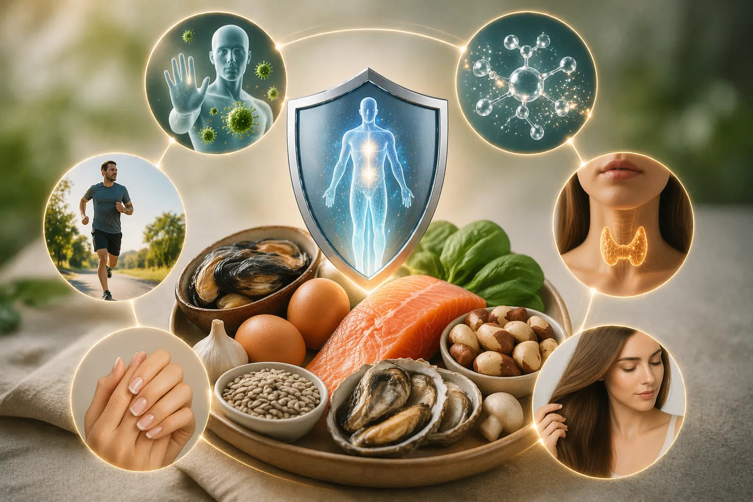 Bears with Benefits bienfaits du sélénium, composition visuelle sur l’immunité, la protection antioxydante, la fonction thyroïdienne, le maintien de cheveux et d’ongles normaux et le métabolisme avec aliments riches en sélénium