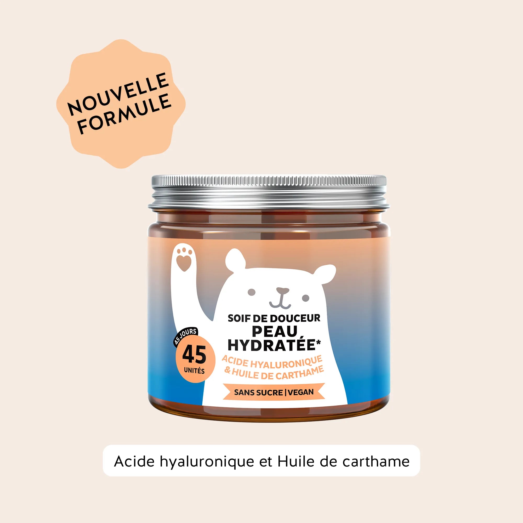 Bears with Benefits Soif de douceur – Peau hydratée gummies à l’acide hyaluronique et huile de carthame, image d’une boîte de 45 gummies pour peau hydratée, sans sucre et vegan.