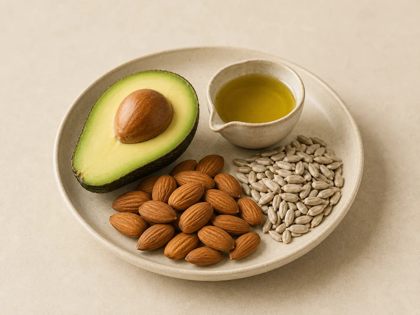 Bears with Benefits vitamine E aliments riches en vitamine E avec avocat, amandes, graines de tournesol et huile végétale pour illustrer les principales sources alimentaires de vitamine E