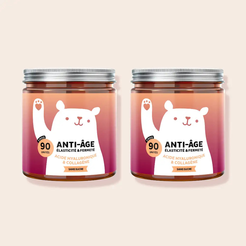 Deux boîtes de gummies Anti-Âge Bears with Benefits pour soutenir l’élasticité et la fermeté de la peau, formule sans sucre. l Bears with Benefits