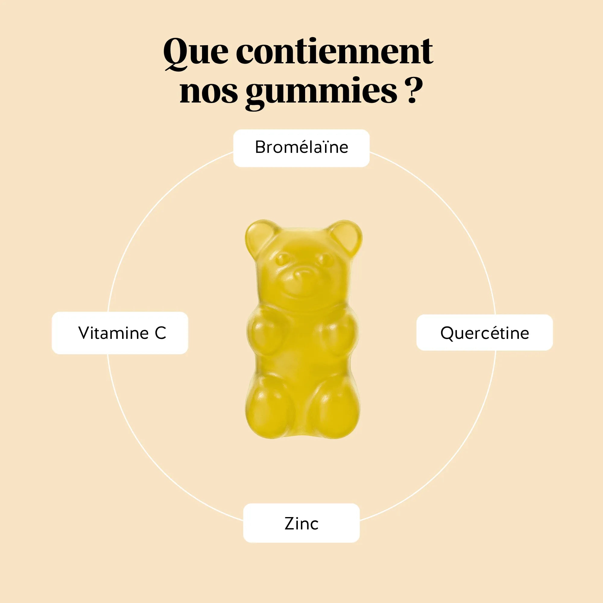 Infographie des ingrédients des gummies Confort Saisonnier de Bears with Benefits : quercétine, bromélaïne, vitamine C et zinc, autour d’un gummy jaune en forme d’ours. l Bears with Benefits