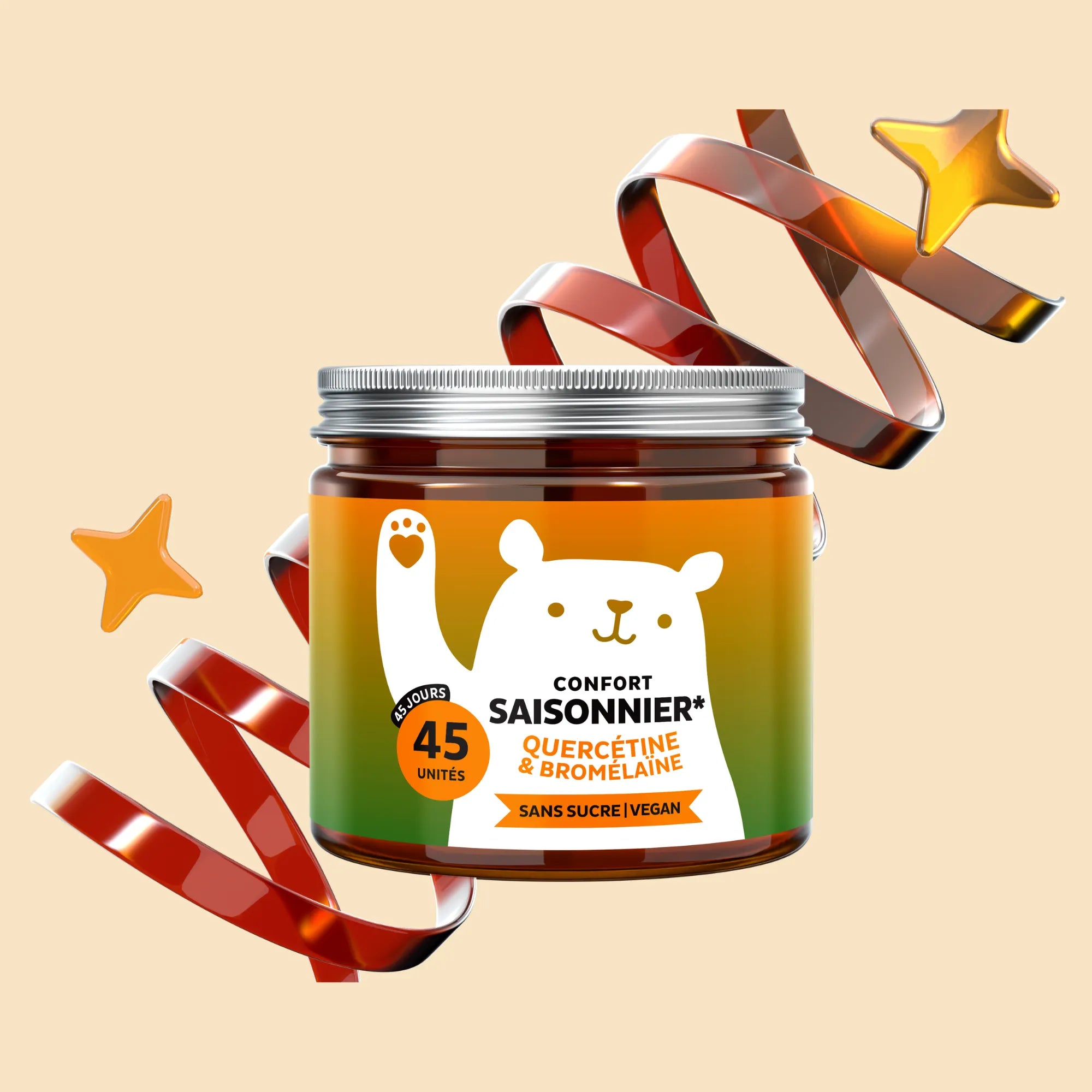 Image du pot de 45 gummies Confort Saisonnier Quercétine & Bromélaïne de Bears with Benefits, formule sans sucre et vegan, avec rubans et étoiles en arrière-plan. l Bears with Benefits