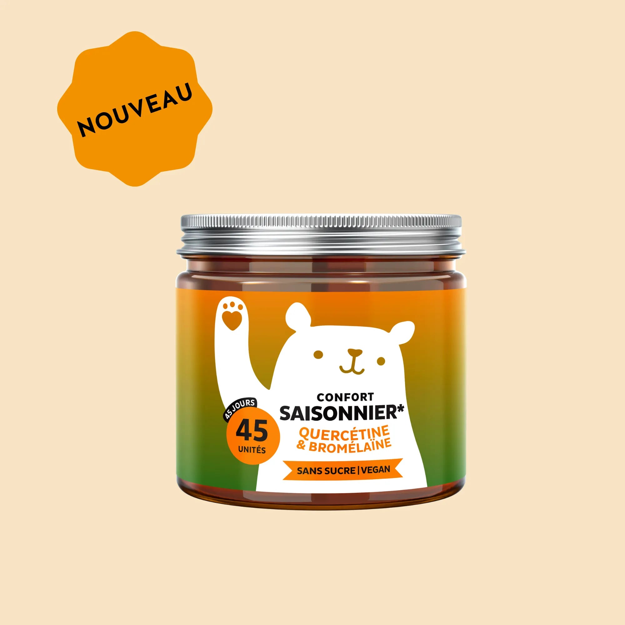 Image du pot de 45 gummies Confort Saisonnier Quercétine & Bromélaïne de Bears with Benefits, formule sans sucre et vegan, avec rubans et étoiles en arrière-plan. l Bears with Benefits