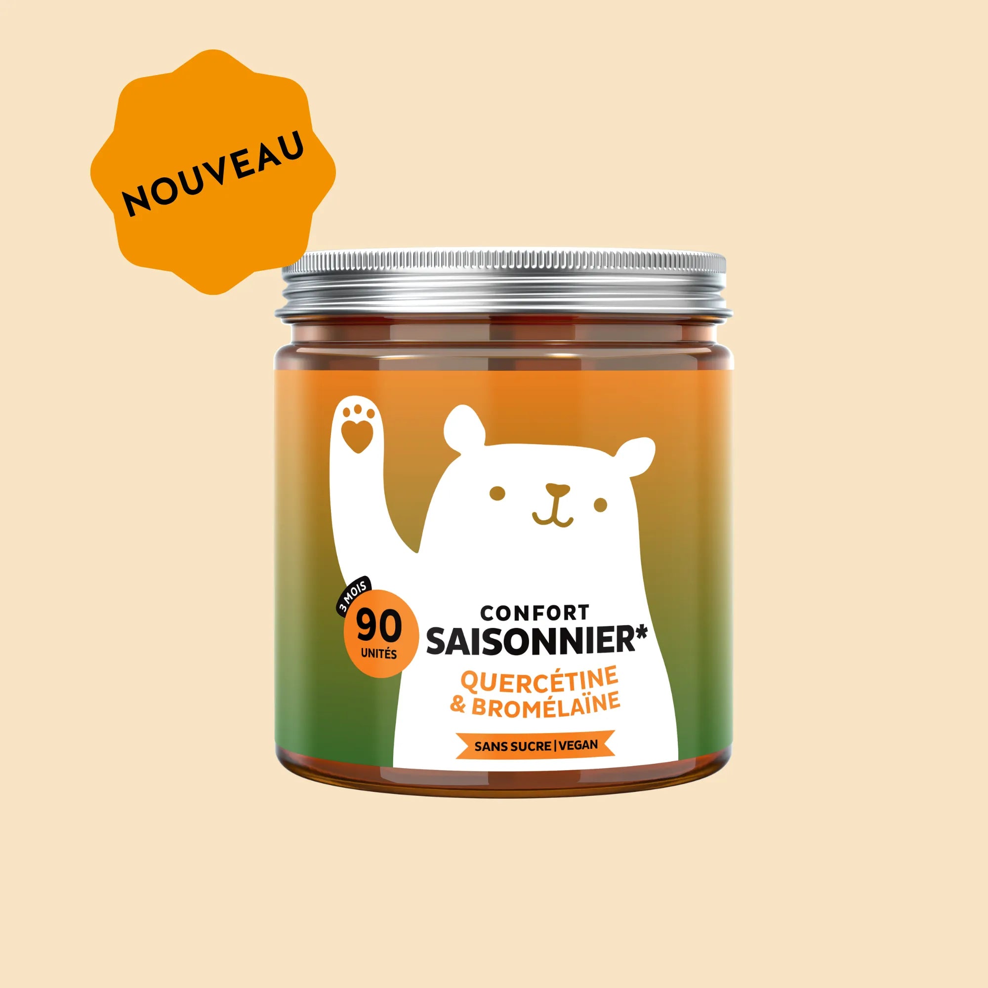 Image du pot de 90 gummies Confort Saisonnier Quercétine & Bromélaïne de Bears with Benefits, formule sans sucre et vegan, packshot sur fond beige avec rubans et étoiles. l Bears with Benefits