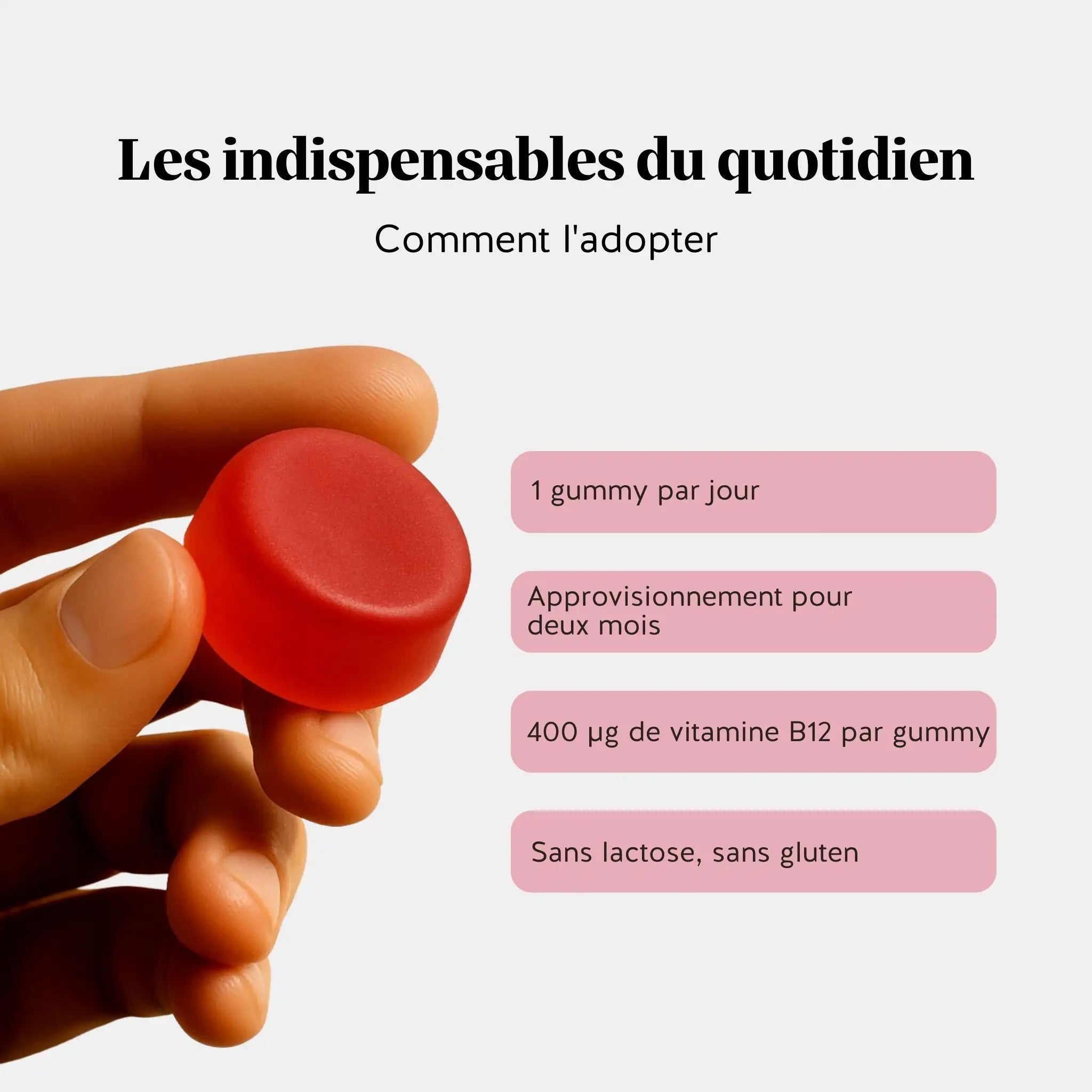 Conseil d’utilisation – 1 gummy par jour, apport quotidien de 400 µg de vitamine B12, sans lactose ni gluten l Bears with Benefits