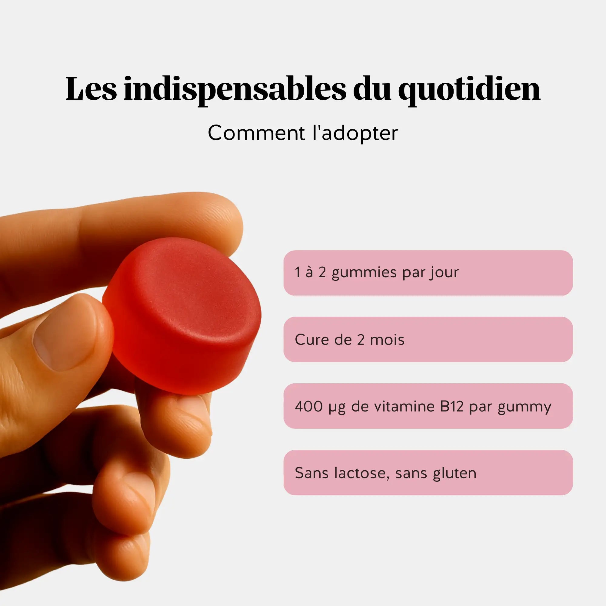 Conseil d’utilisation – 1 gummy par jour, apport quotidien de 400 µg de vitamine B12, sans lactose ni gluten l Bears with Benefits