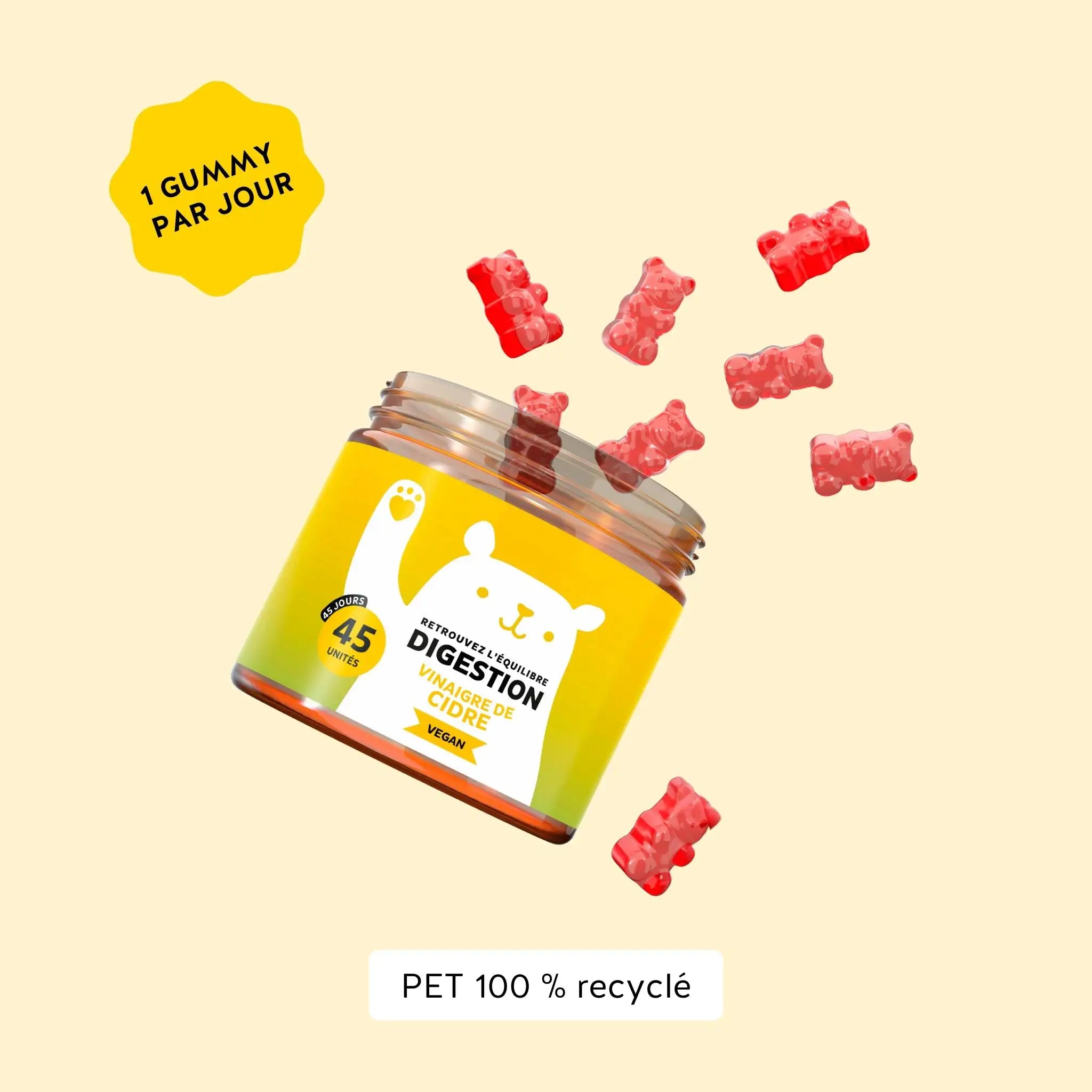 Boîte de 45 gummies Digestion au vinaigre de cidre, 1 gummy par jour, complément alimentaire vegan et sans sucre | Bears with Benefits