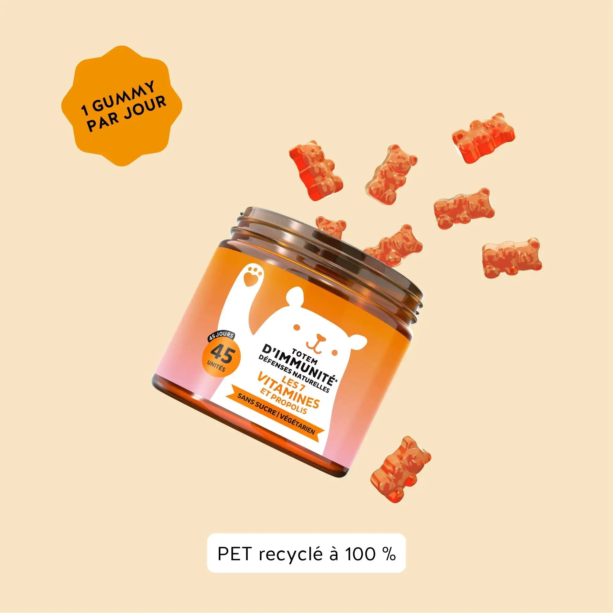Boîte de 45 gummies Totem Immunité, 1 gummy par jour, emballage PET recyclé | Bears with Benefits