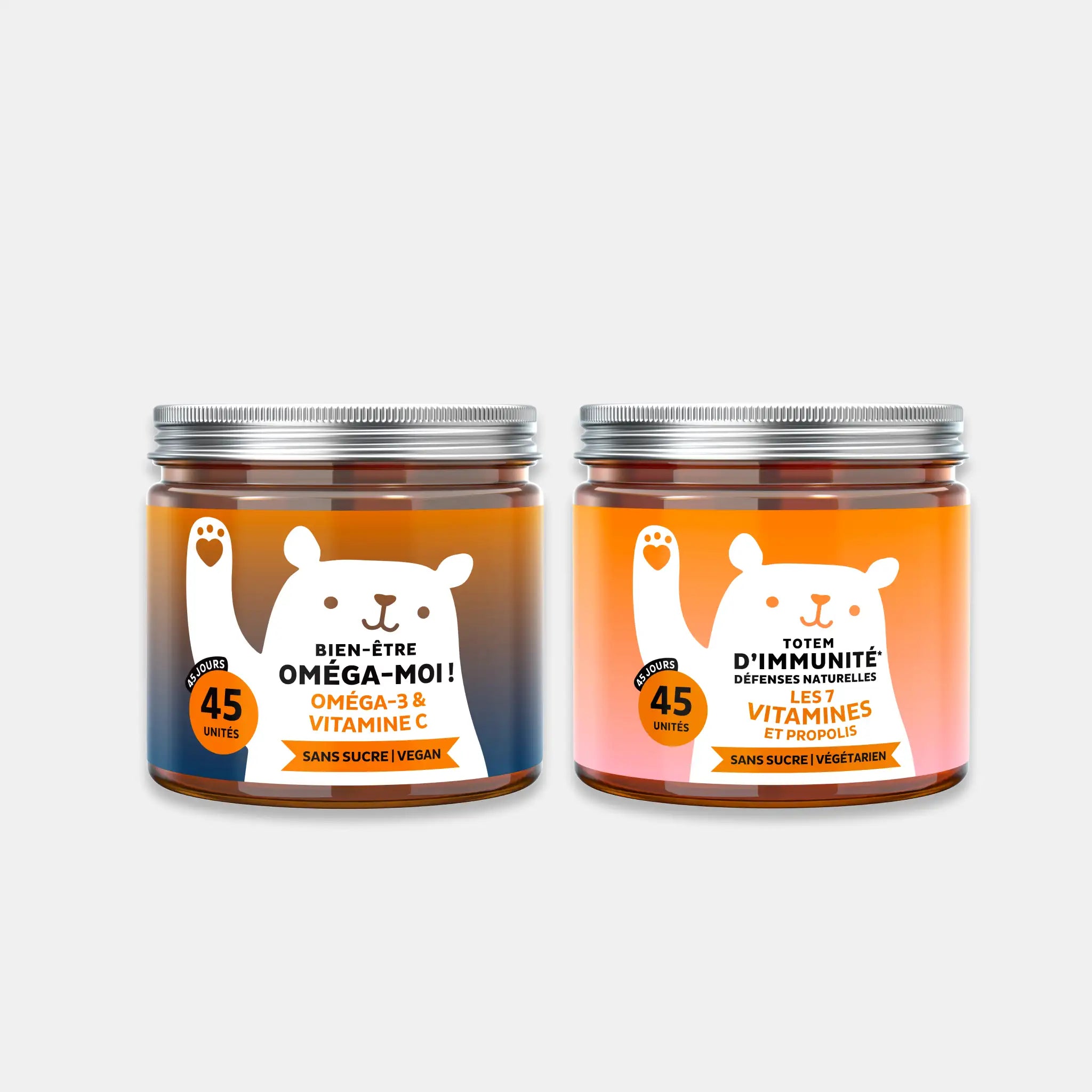 Deux boîtes de compléments alimentaires en gummies 45 unités : Bien-Être Oméga-3 & Vitamine C et Totem d’Immunité contenant vitamines D, E, C, niacine, vitamine B6, vitamine B12, biotine et extrait de propolis, formules sans sucre, vegan et végétarien pour le soutien du bien-être et des défenses naturelles l Bears with Benefits.