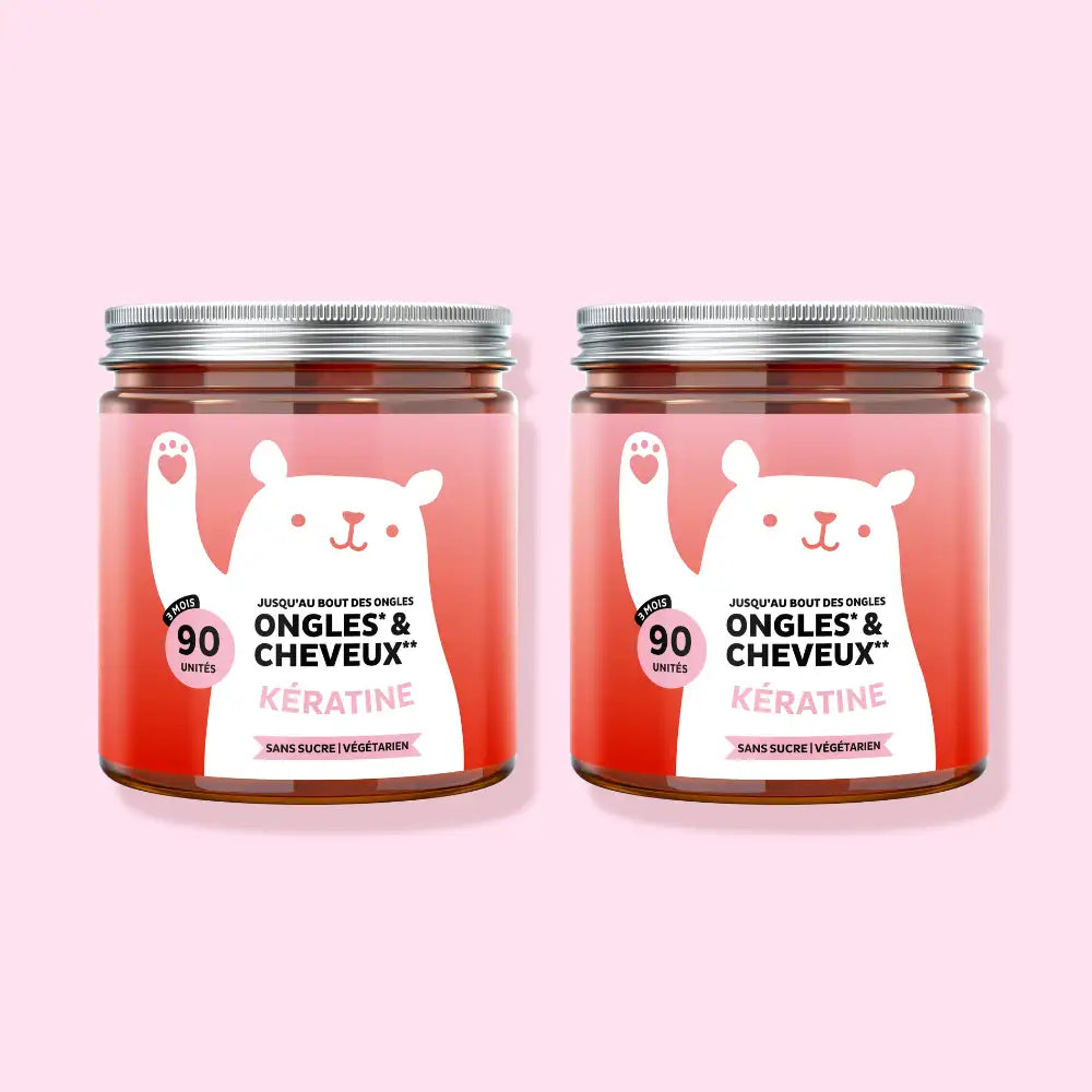 Duo de boîtes de gummies Ongles & Cheveux à la kératine – 2 boîtes de 90 unités pour 180 jours de cure – sans sucre, vegan et formulées pour des cheveux forts et des ongles sains l Bears with Benefits