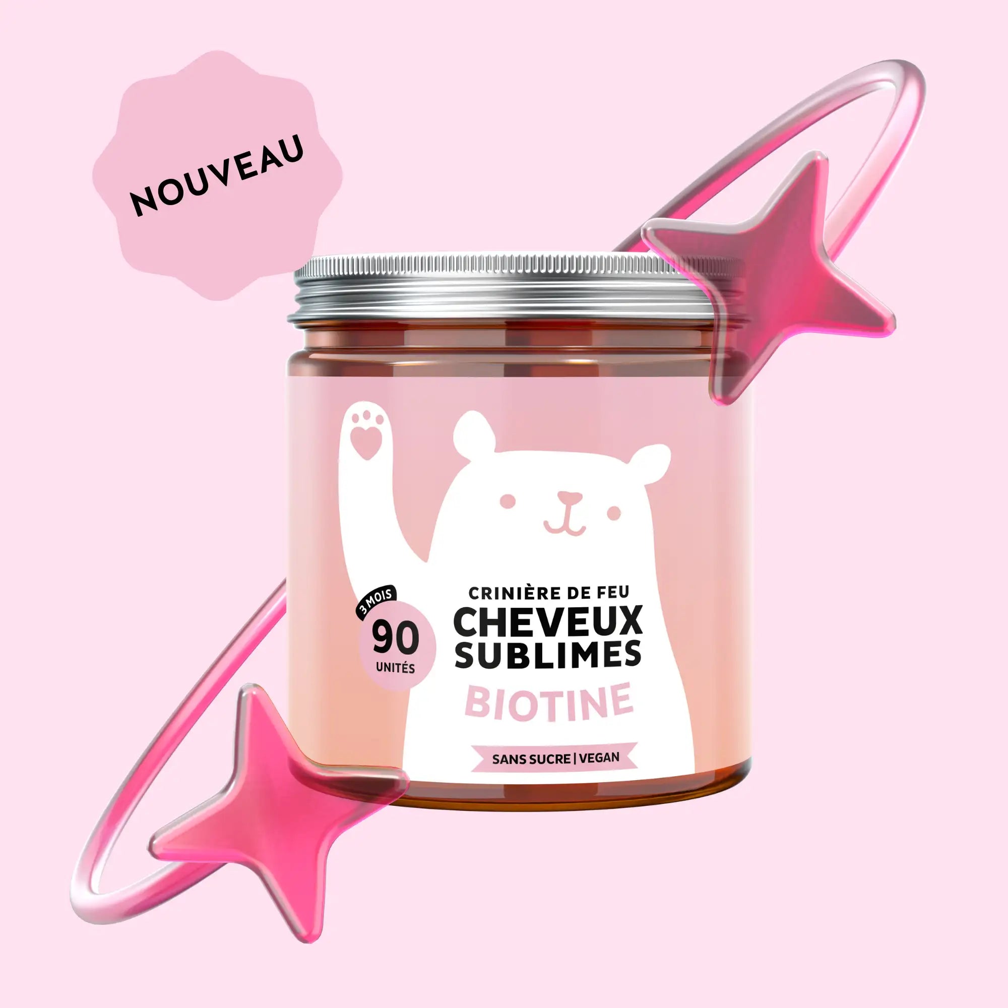 Gummies Cheveux Sublimes à la biotine – boîte de 90 unités pour une cure de 3 mois, vegan et sans sucre, idéale pour une routine beauté longue durée l Bears with Benefits