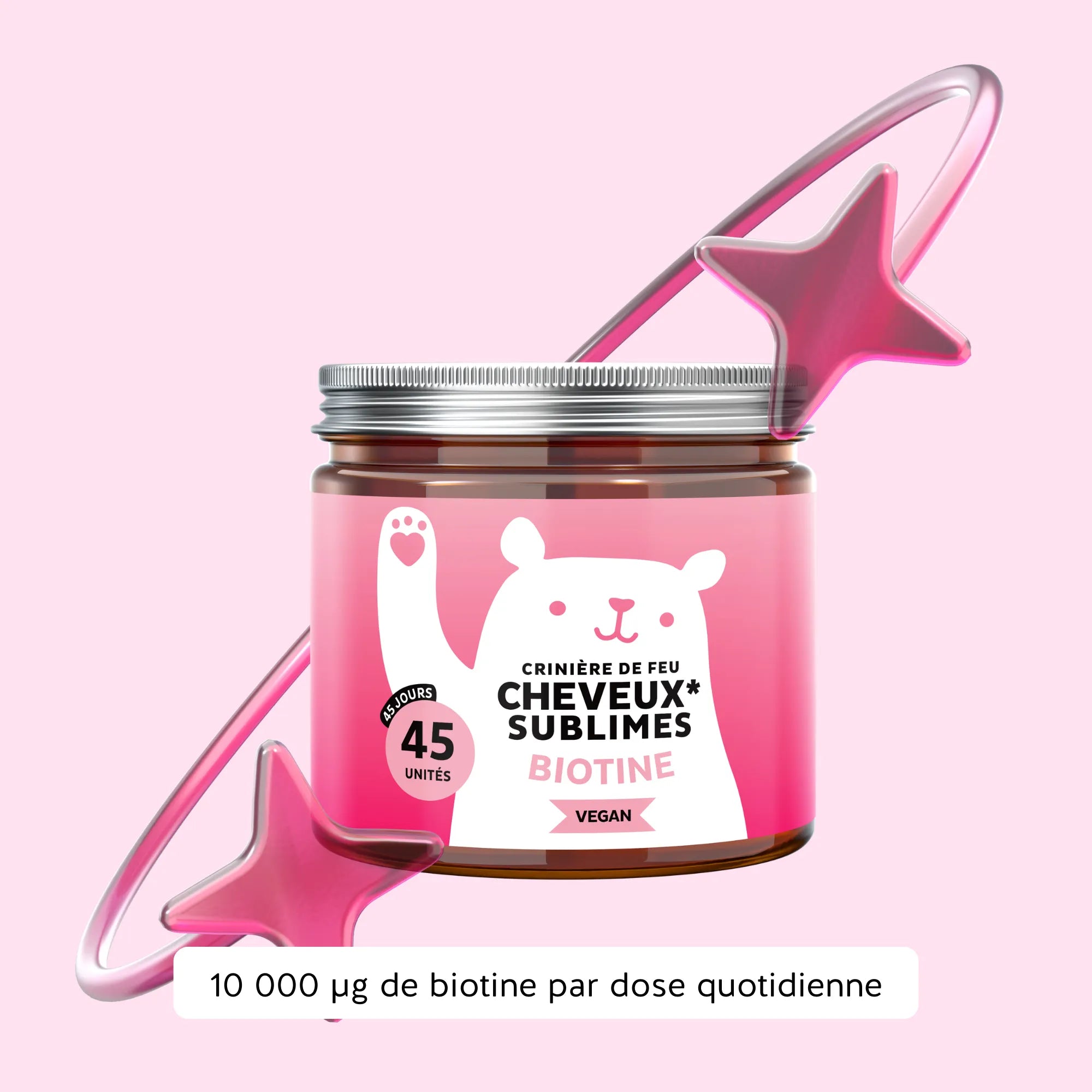 Image du pot de 45 gummies Cheveux Sublimes Biotine de Bears with Benefits, formule vegan, avec mention 10 000 µg de biotine par dose quotidienne. l Bears with Benefits