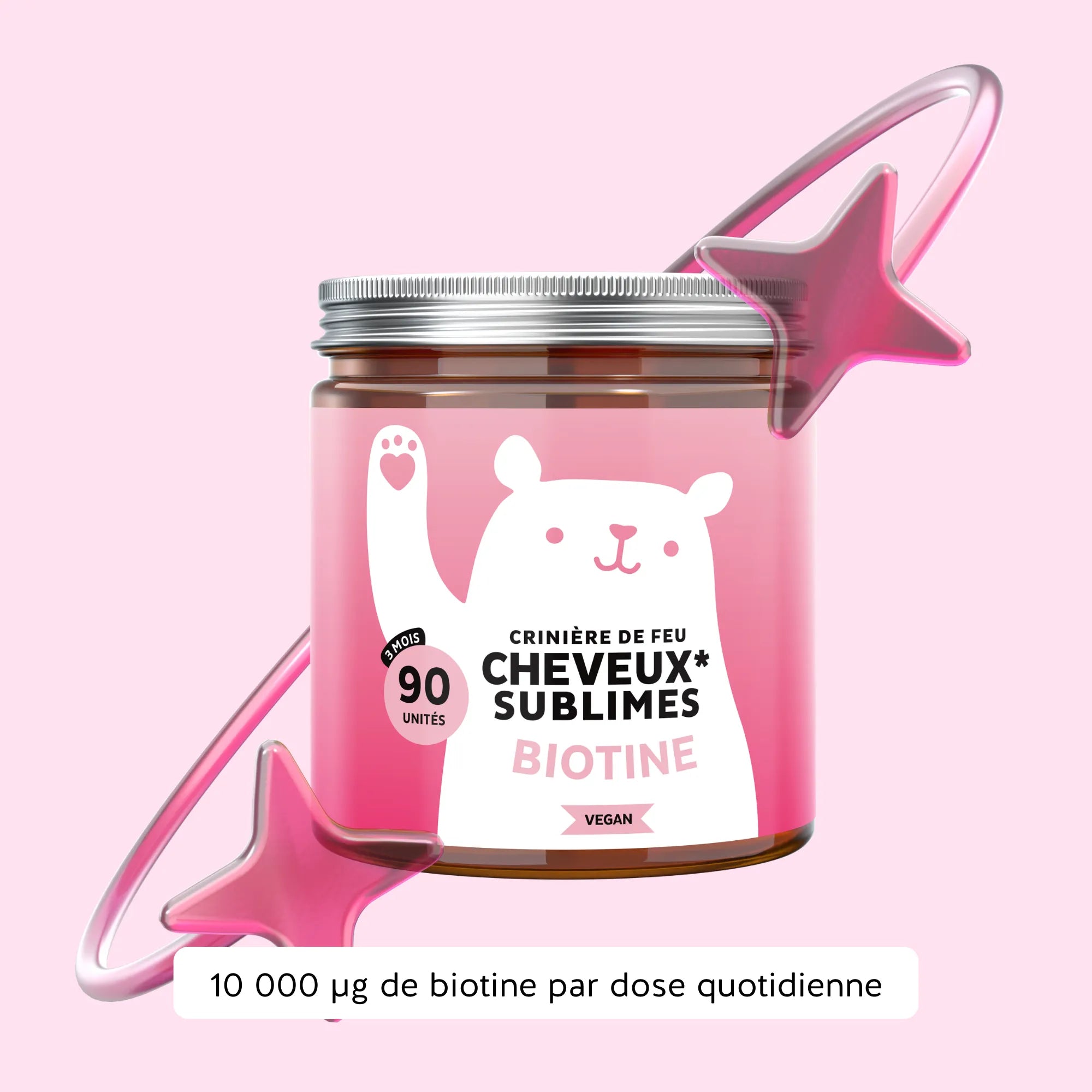 Image du pot de 90 gummies Cheveux Sublimes Biotine de Bears with Benefits, formule vegan, avec mention 10 000 µg de biotine par dose quotidienne. l Bears with Benefits