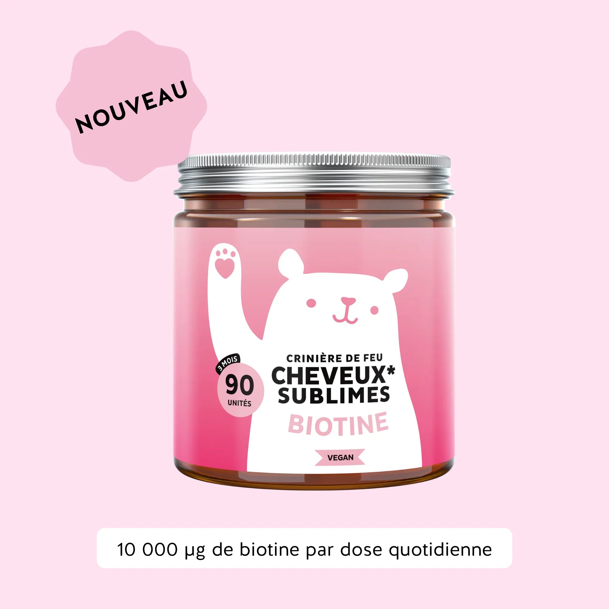 Image du pot de 90 gummies Cheveux Sublimes Biotine de Bears with Benefits, formule vegan, avec mention 10 000 µg de biotine par dose quotidienne. l Bears with Benefits
