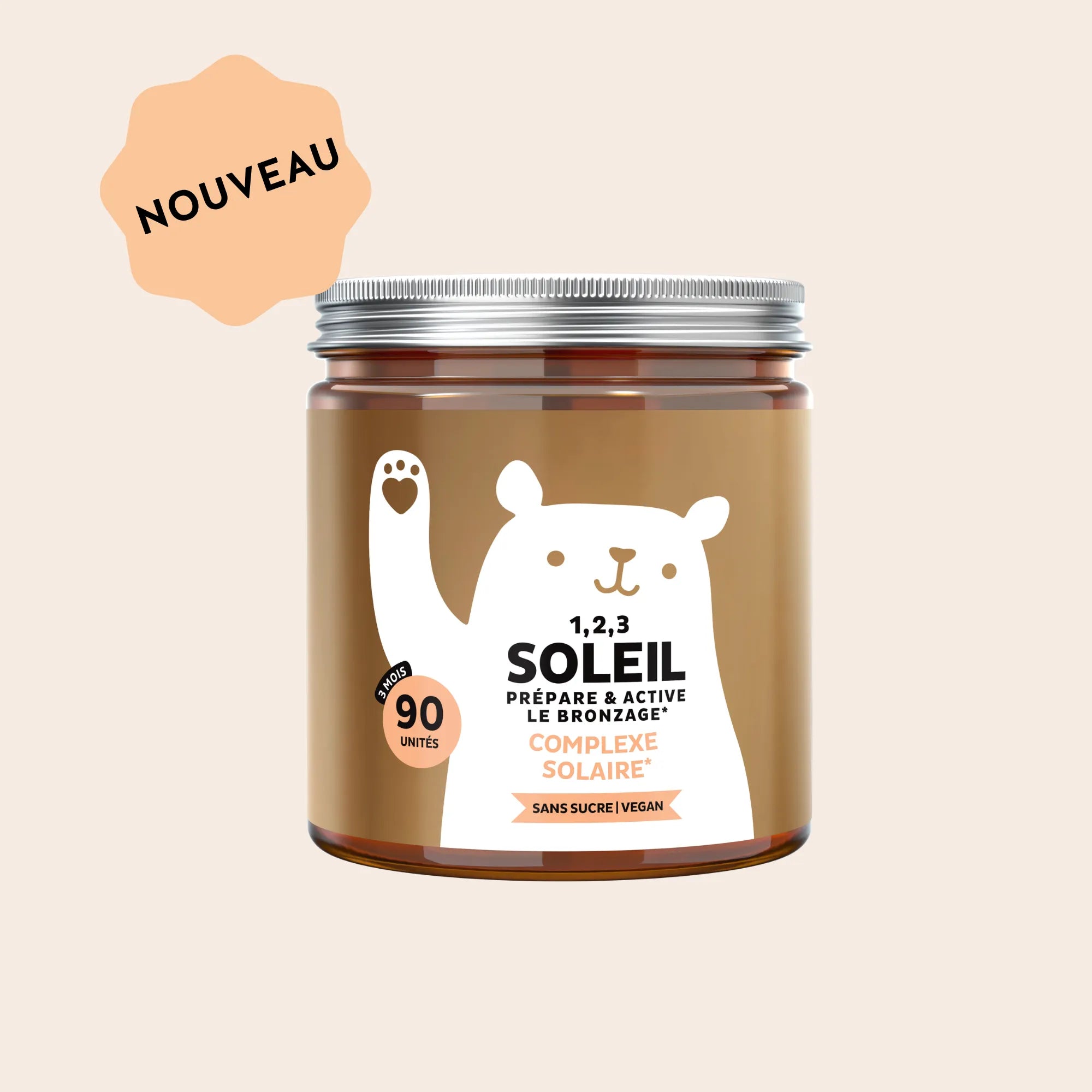 Boîte de gummies 1 2 3 Soleil – prépare & active le bronzage Bears with Benefits, 90 unités, complément alimentaire vegan et sans sucre
