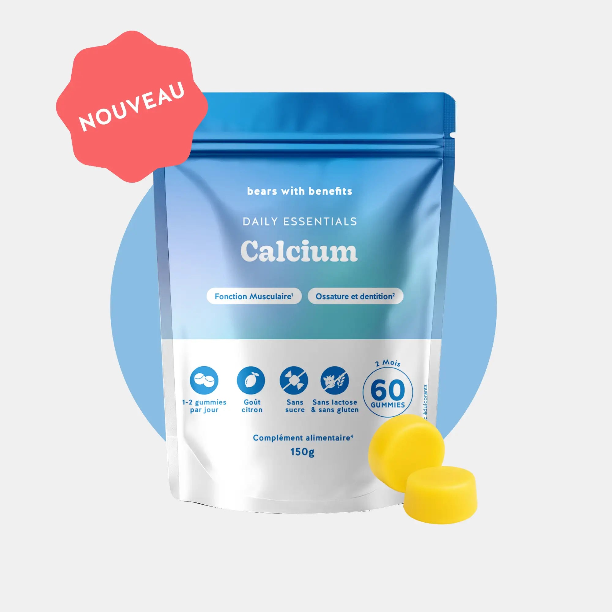 Image produit - sachet de 60 gummies calcium vegan, sans sucre, goût citron l Bears with Benefits