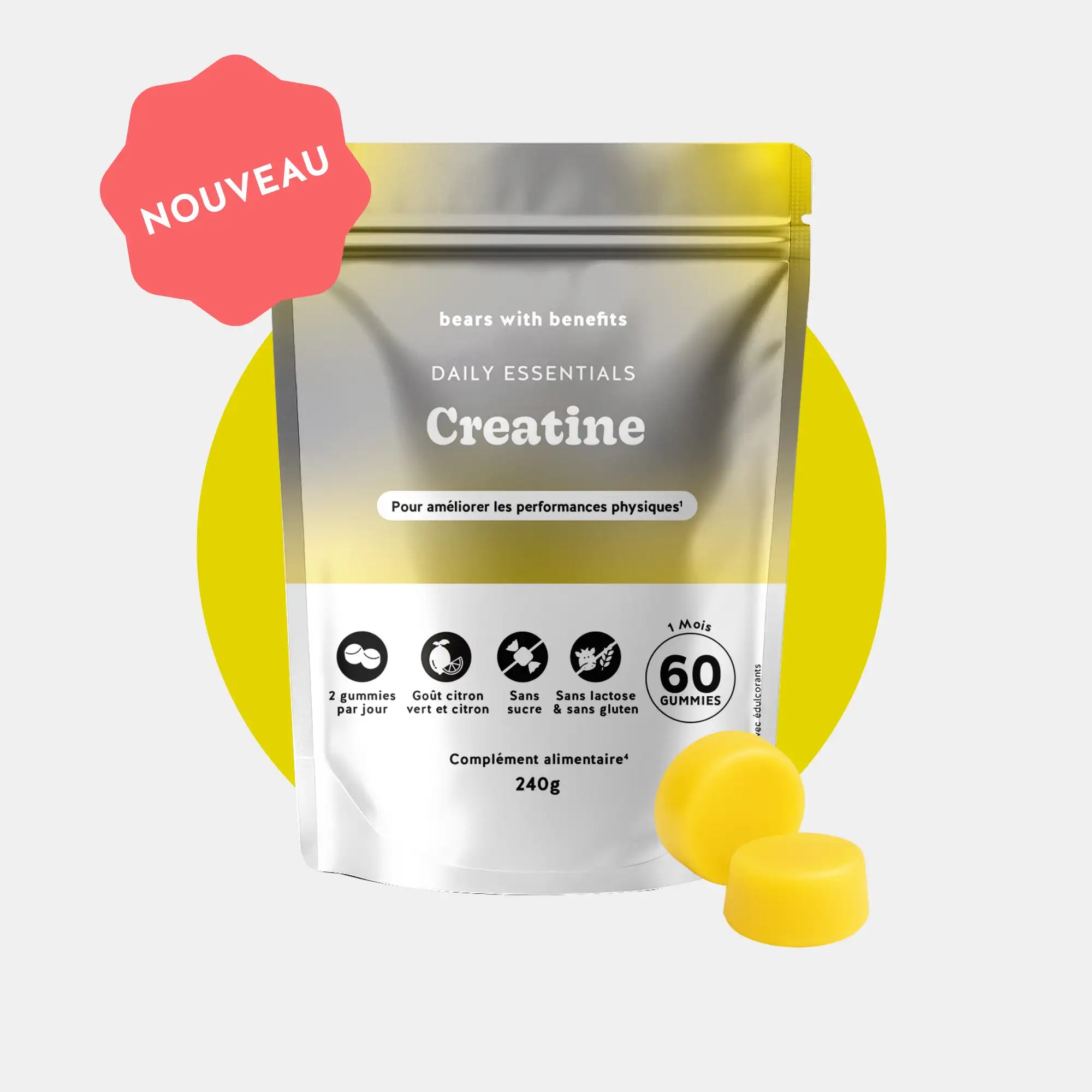 Image produit - sachet de 60 gummies créatine vegan, sans sucre, goût citron et limette l Bears with Benefits